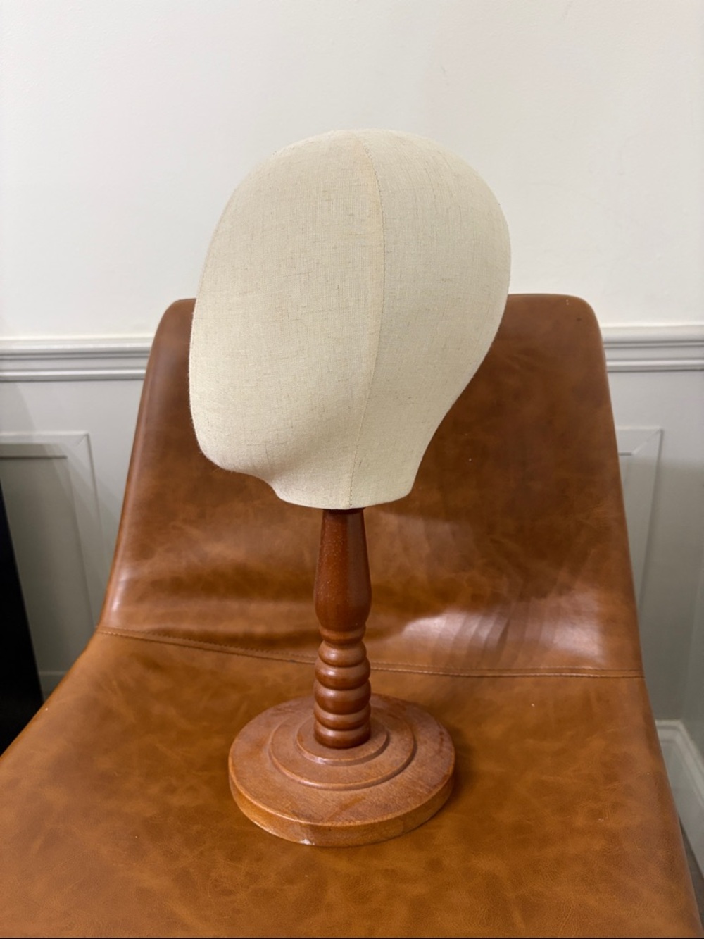 Neutral Canvas Millinery Hat Block on Wooden Stand - Picture 2 of 4